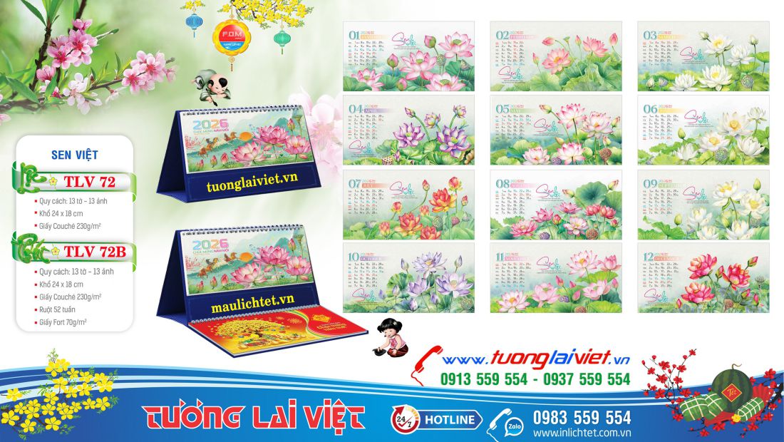 Mẫu Lịch để bàn Hoa Sen