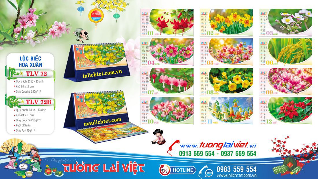 Mẫu Lịch để bàn Lộc Biết Hoa Xuân