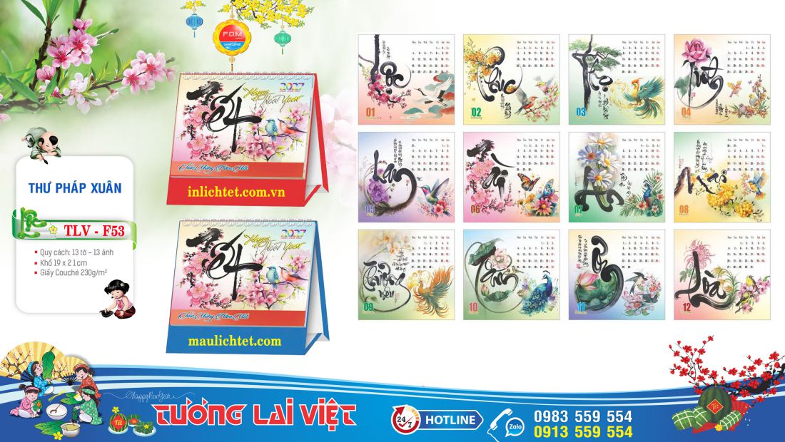 Mẫu Lịch để bàn Thư Pháp Xuân