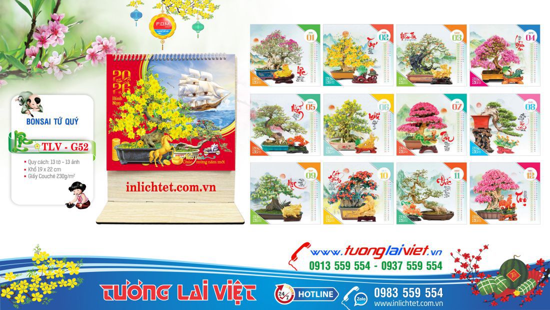 Mẫu Lịch gỗ để bàn Cây Cảnh Bon Sai