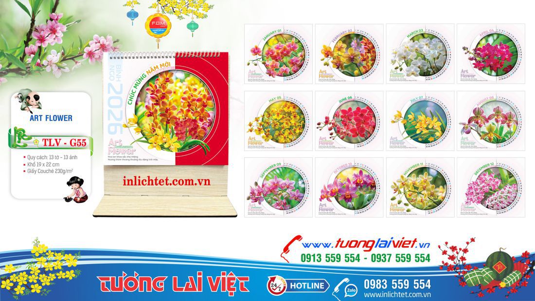 Mẫu Lịch gỗ để bàn Hoa Nghệ Thuật