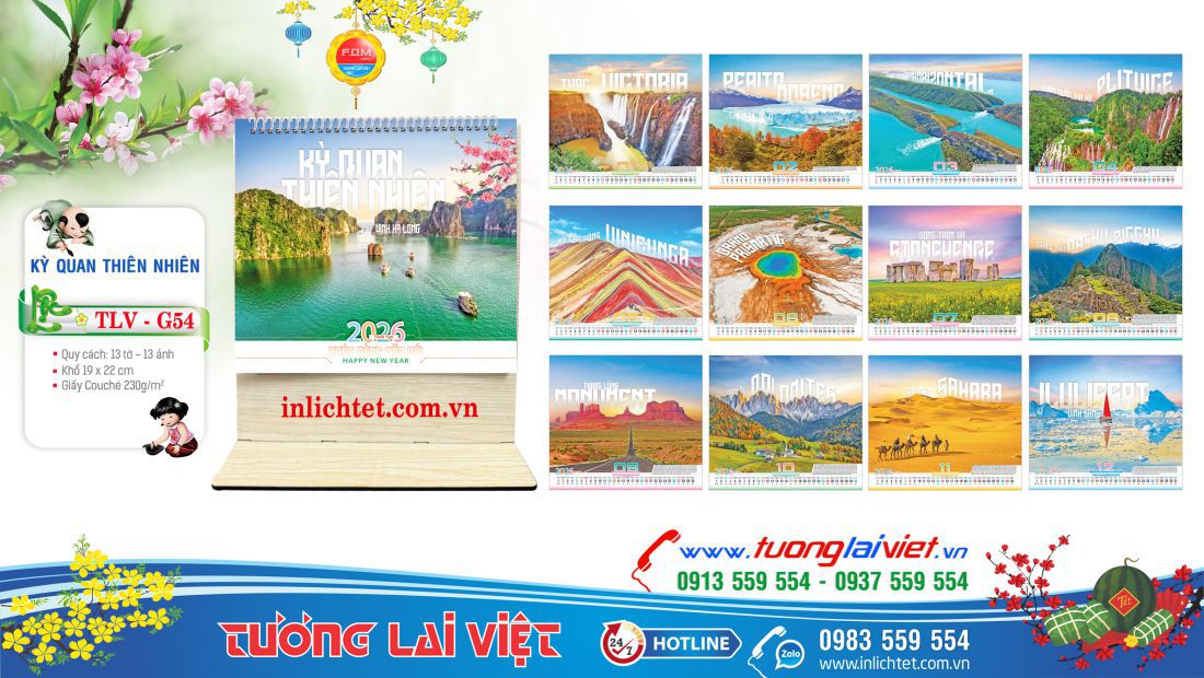 Mẫu Lịch gỗ để bàn Kỳ Quan Thiên Nhiên